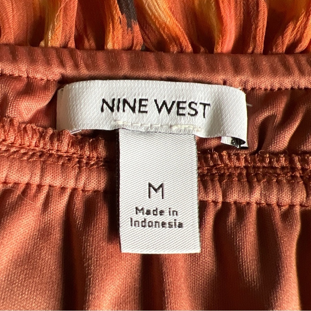 NINE WEST M RUST ORANGE BLACK IKAT LEOPARD PLEAT SMOCKED RUFFLE TANK TOP NWT - Picture 4 of 14